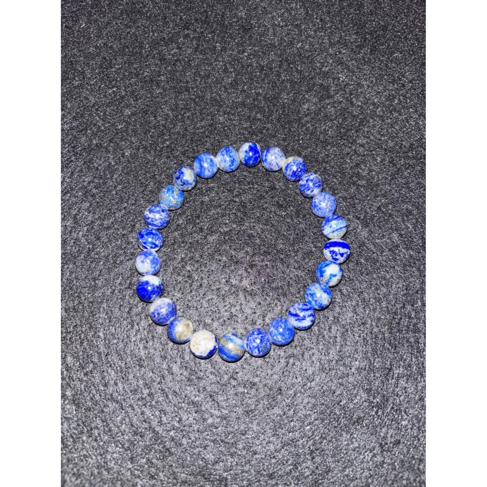 Natural Lapis Lazuli Beaded Stretch Bracelet Blue Gold Pyrite Gemstone 7.5 Inch